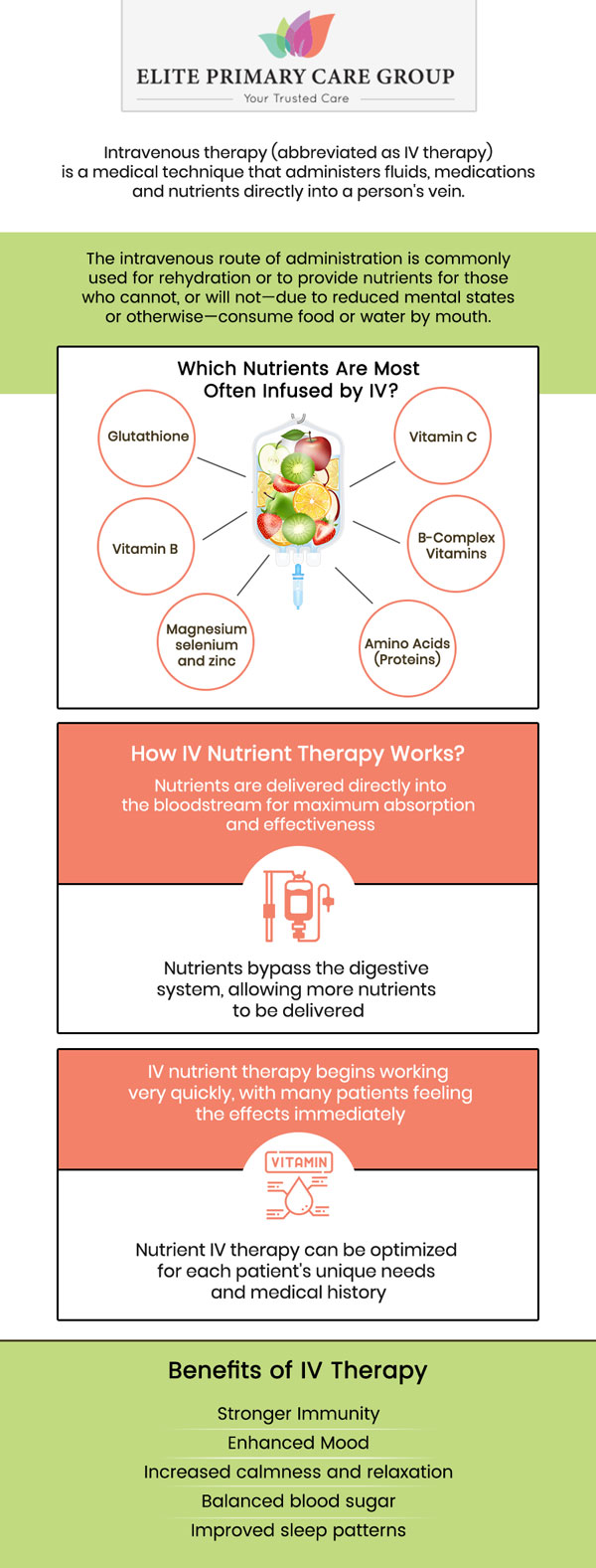Common questions asked by patients: What does IV infusion do? How much does IV infusion therapy cost? What to expect after an IV infusion? Do IV infusions make you feel better? How long does it take for an IV infusion to start working? IV infusion therapy delivers essential vitamins, minerals, and fluids directly into the bloodstream for quick and effective hydration and healing. At Elite Primary Care Group, Dr. Fahima Azizi and Dr. Rita Kapoor offer this therapy to help boost energy, improve overall wellness, and support recovery from various health conditions. For more information, contact us or schedule an appointment online. We are conveniently located at 801 Toll House Avenue, Suite E1, Frederick MD 21701. We serve patients from Frederick MD, Mt Pleasant MD, Braddock Heights MD, Walkersville MD, Lewistown MD, Urbana MD, Ballenger Creek MD, and surrounding areas. Common questions asked by patients: What does IV infusion do? How much does IV infusion therapy cost? What to expect after an IV infusion? Do IV infusions make you feel better? How long does it take for an IV infusion to start working?
IV infusion therapy delivers essential vitamins, minerals, and fluids directly into the bloodstream for quick and effective hydration and healing. At Elite Primary Care Group, Dr. Fahima Azizi and Dr. Rita Kapoor offer this therapy to help boost energy, improve overall wellness, and support recovery from various health conditions. For more information, contact us or schedule an appointment online. We are conveniently located at 801 Toll House Avenue, Suite E1, Frederick MD 21701. We serve patients from Frederick MD, Mt Pleasant MD, Braddock Heights MD, Walkersville MD, Lewistown MD, Urbana MD, Ballenger Creek MD, and surrounding areas.