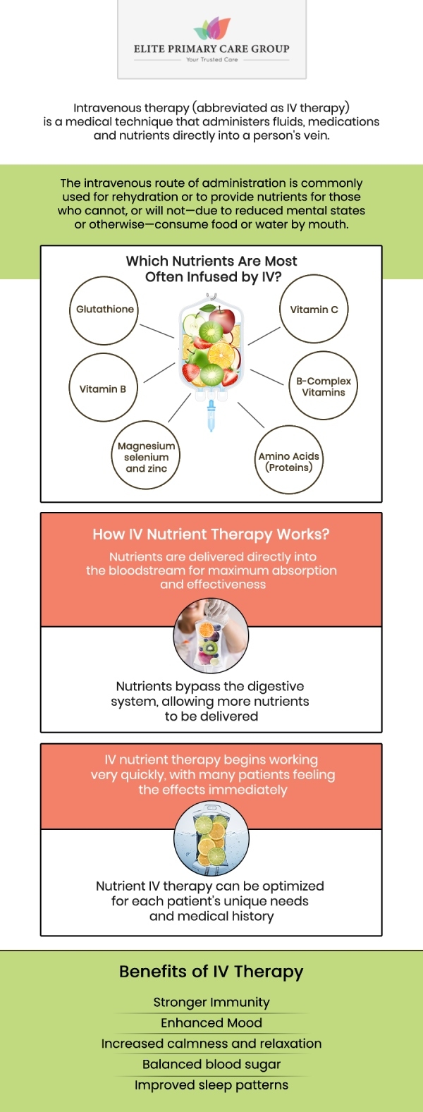 IV therapy is a highly effective treatment for replenishing essential fluids, electrolytes, and nutrients, making it ideal for hydration, boosting energy levels, and supporting immune function. Whether you're recovering from illness, stress, or dehydration, Elite Primary Care Group offers personalized IV therapy services tailored to meet your health needs. Our experienced team, led by Dr. Fahima Azizi, MD and Dr. Rita Kapoor, MD is dedicated to providing safe and efficient treatments to help you feel your best. For more information, contact us or schedule an appointment online. We are conveniently located at 801 Toll House Avenue, Suite E1, Frederick MD 21701.