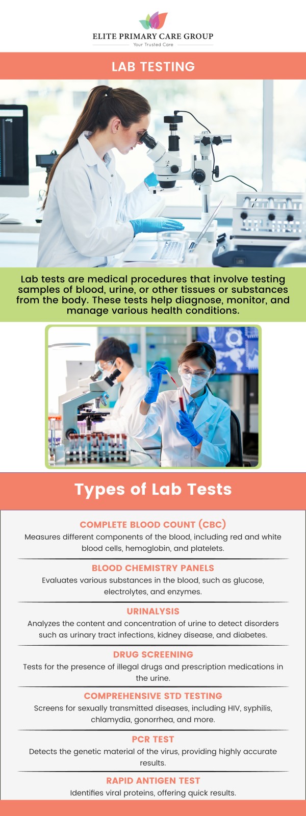 At Elite Primary Care Group, we offer reliable and accurate laboratory testing services in Frederick, MD, ensuring that your health concerns are thoroughly addressed. Our board-certified doctors, Dr. Fahima Azizi and Dr. Rita Kapoor work closely with you to interpret test results and develop personalized treatment plans. Whether it's routine blood work, cholesterol testing, or specialized diagnostics, our advanced lab services provide quick and accurate results to support your ongoing healthcare needs. For more information, contact us today or schedule an appointment online. We are conveniently located at 801 Toll House Avenue, Suite E1, Frederick MD 21701.